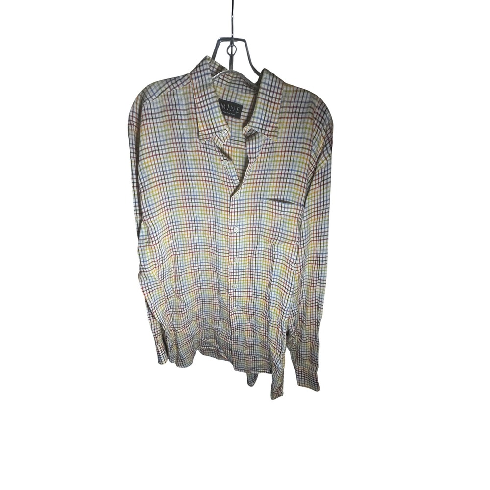 MINE Mens 100% Linen Rainbow Grid Plaid Button Down Shirt Large Multi Color